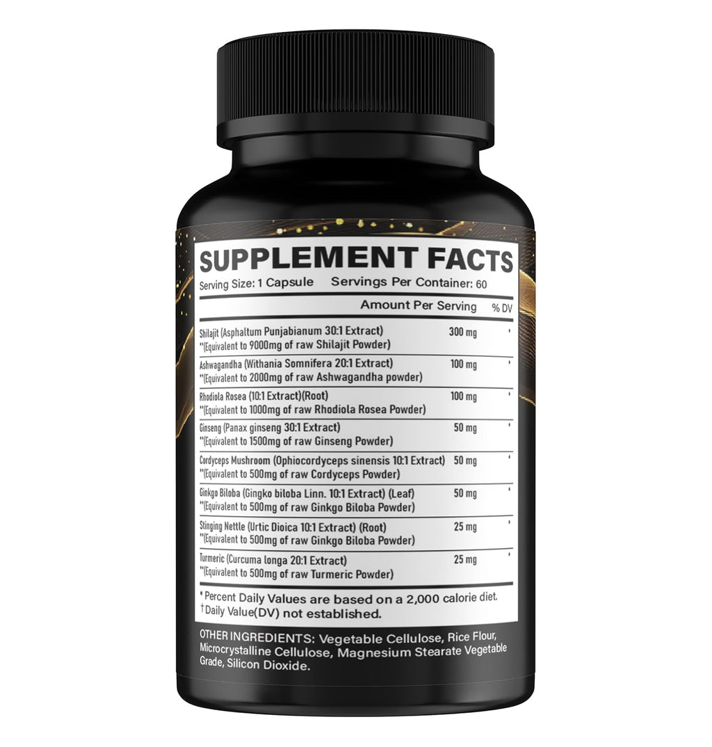 Shilajit Ashwagandha Rhodiola Rosea Panax Ginseng - for Men and Women - Shilajit Capsules - 60 Veggie Capsules