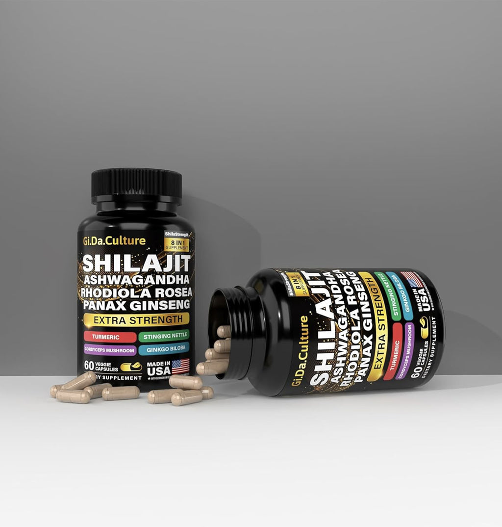 Shilajit Ashwagandha Rhodiola Rosea Panax Ginseng - for Men and Women - Shilajit Capsules - 60 Veggie Capsules