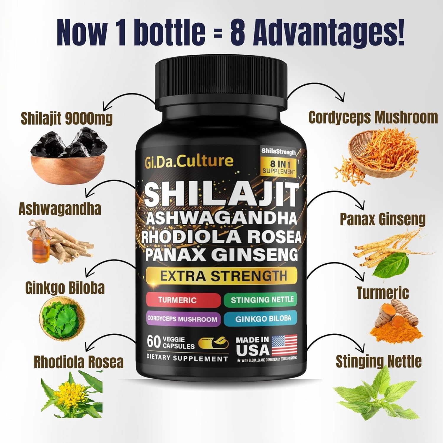 Shilajit Ashwagandha Rhodiola Rosea Panax Ginseng - for Men and Women - Shilajit Capsules - 60 Veggie Capsules