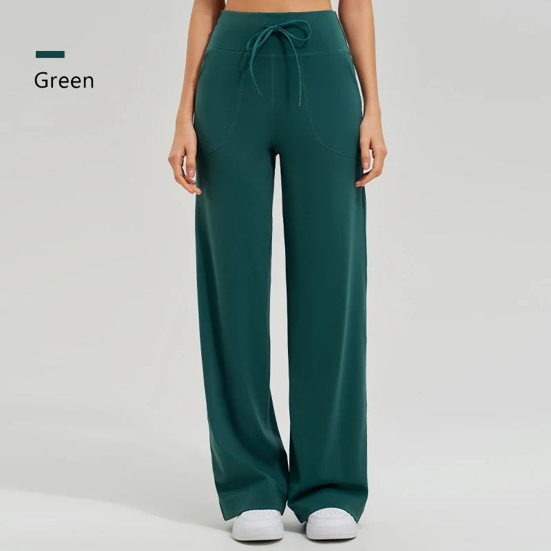 Women's High Waist Yoga Pants Gym Loose Running Yoga Pants Double Side Brushed with Pockets Pants Ties