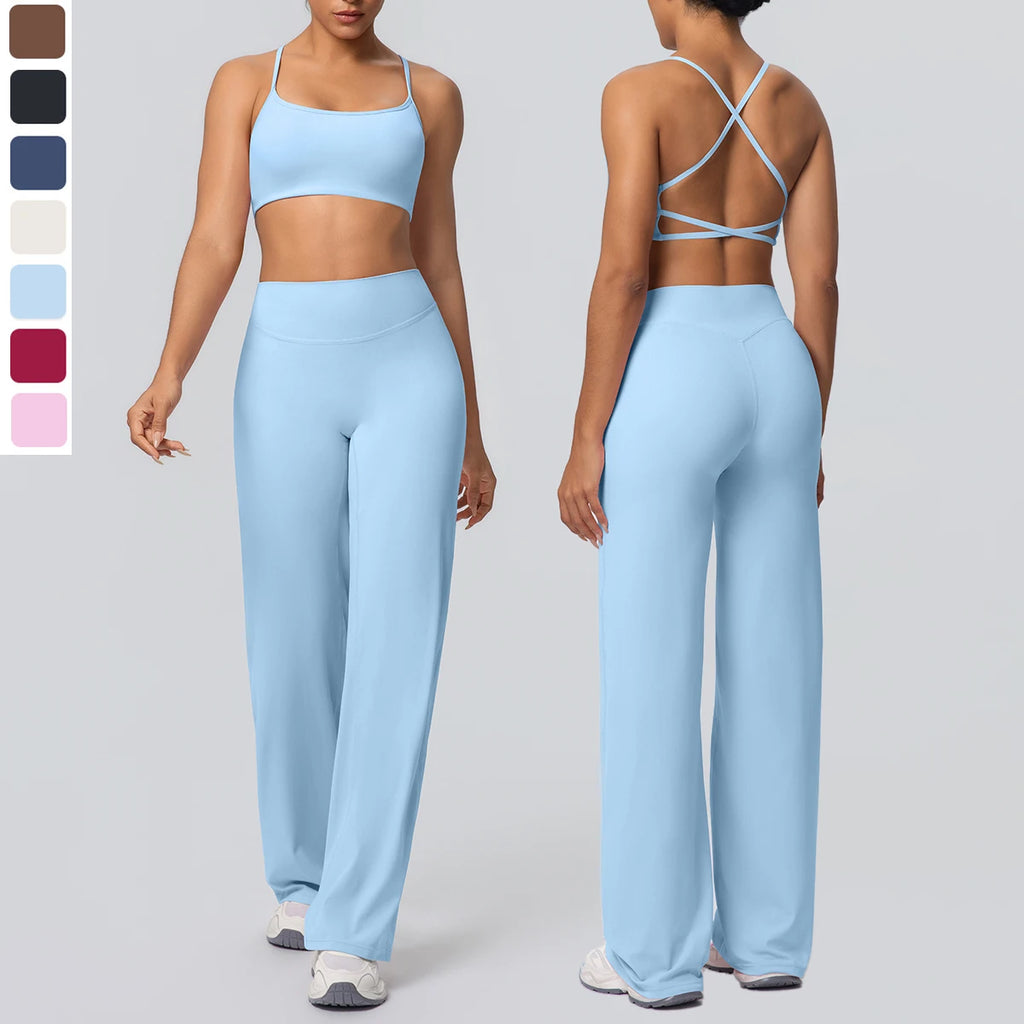 Women's Yoga Set – Padded Top & High-Waisted Wide Leg Pants