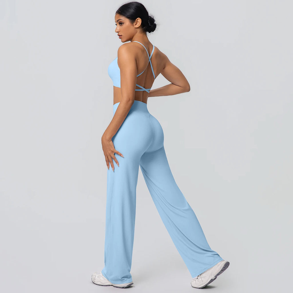 Women's Yoga Set – Padded Top & High-Waisted Wide Leg Pants